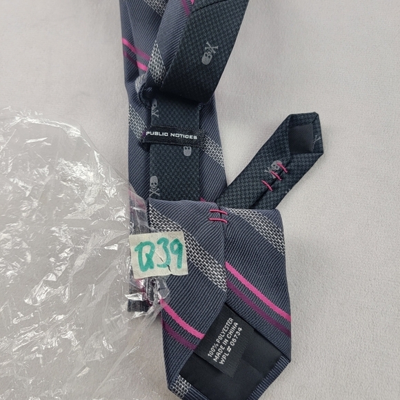 Public Notices grey pink stripe skinny tie with skull details 2.25" - Picture 2 of 3